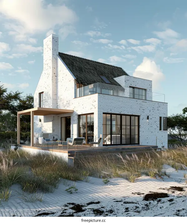 Modern Beach House 3D Rendering with White Brick Exterior