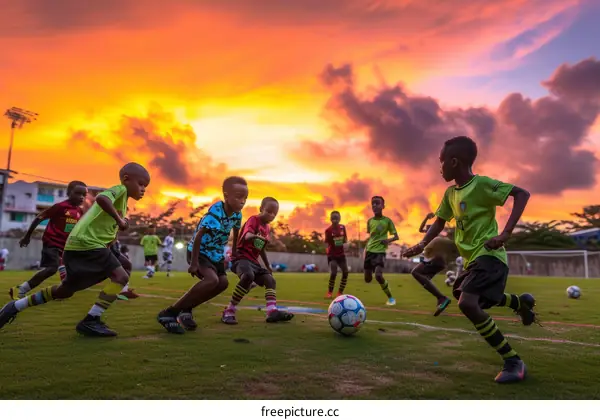 African children playing soccer at sunset