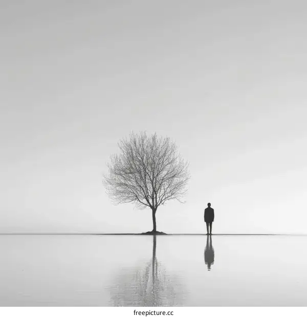 Lonely Man Standing by Tree in Surreal Black and White Landscape