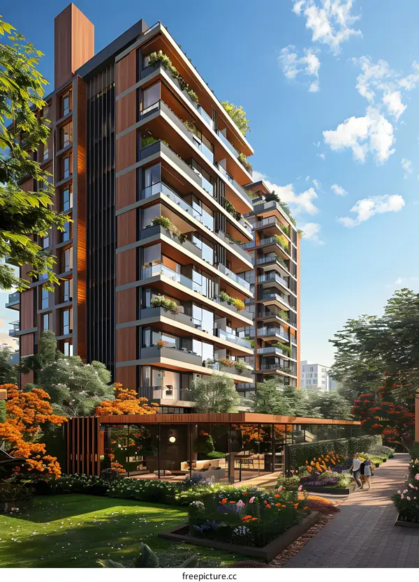 An illustration of a modern apartment building with a rooftop garden