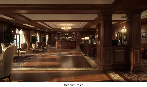 Luxury Hotel Lobby With Wooden Bar And Chairs