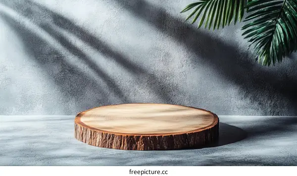 Empty Wooden Display Stand Against Gray Concrete Wall