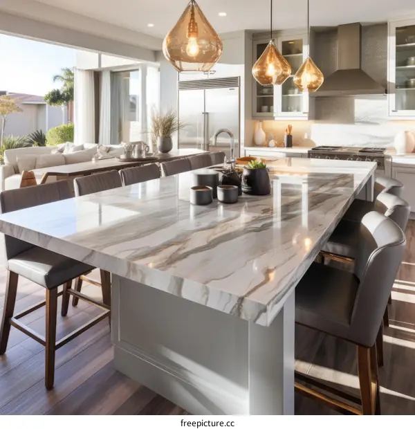Modern kitchen island with marble top and gray cabinets