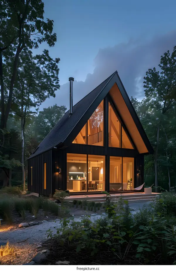 Modern A Frame Cabin in the Woods at Dusk