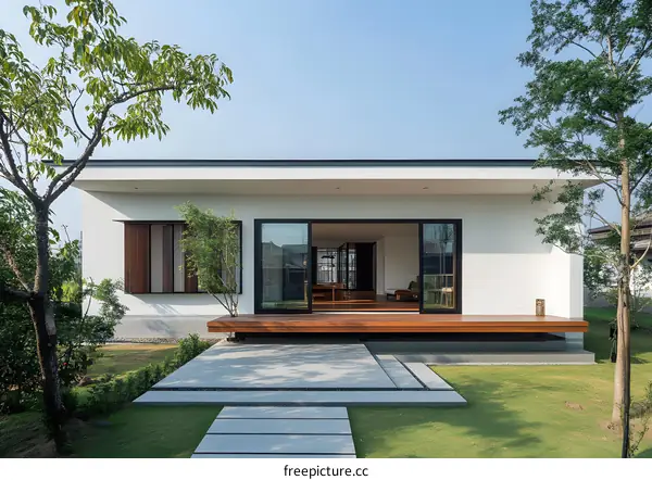 Modern Minimalist House Exterior Design With Wooden Deck And Green Lawn