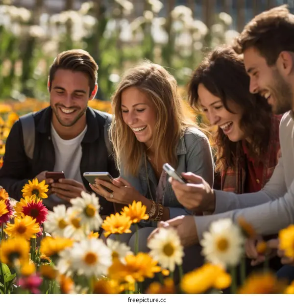 Four friends laughing and looking at their phones in a field of flowers