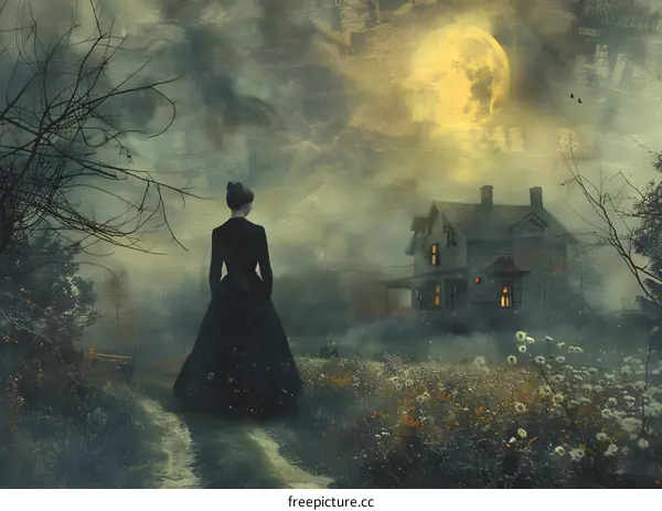 Lady in black dress walking towards house in the middle of the field under the moonlight