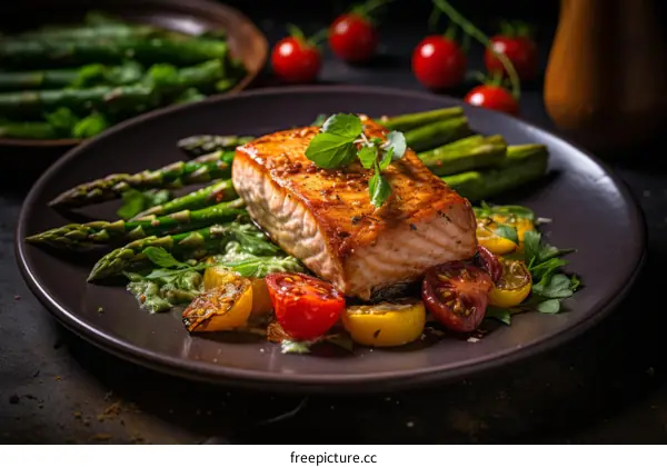 Grilled Salmon with Asparagus and Tomatoes