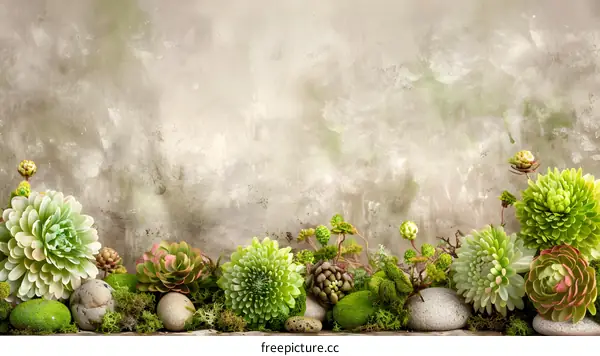 Green Succulents with Stones on a Concrete Background