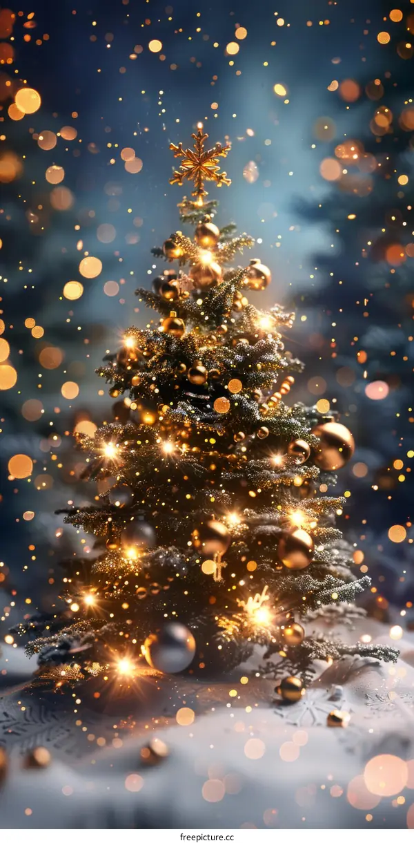 Christmas Tree Decorated with Shimmering Lights and Ornaments