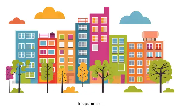 Colorful Cityscape Illustration with Buildings and Trees