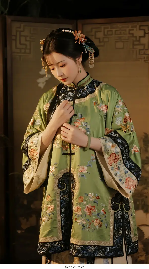 Elegant Chinese Woman Wearing Traditional Green Embroidered Robe