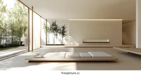 Minimalist Interior Design With Modern Furniture And Large Windows