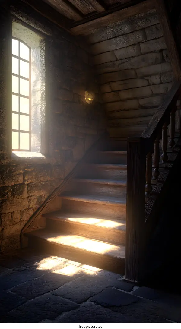 Sunbeams Shining Through A Window On A Wooden Staircase In A Stone Building