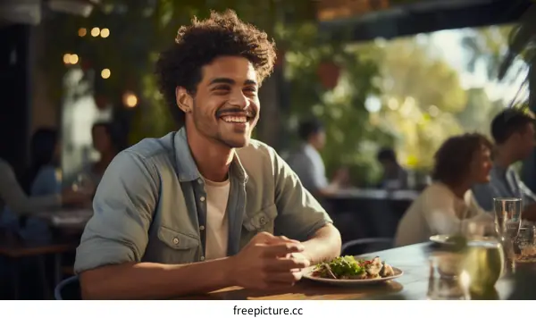 A young man is eating a salad at a restaurant
