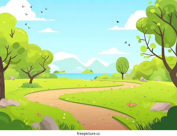 Cartoon Illustration of a Winding Path Through a Green Meadow