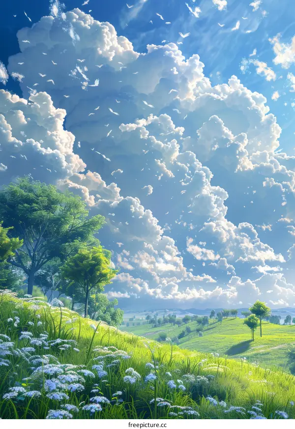 Green rolling hills against a blue sky with scattered clouds