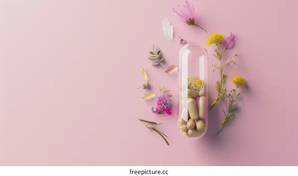 Close-up image of natural dietary supplements and pills with various dried flowers and green leaves on a pink background