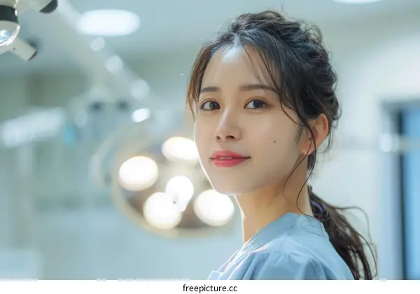 Portrait of a young female doctor or nurse in a hospital