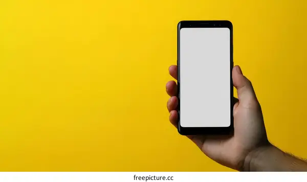 Hand holding a black smartphone with a blank screen against a yellow background