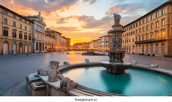 Fountain in the center of a European square with buildings and a sunset sky