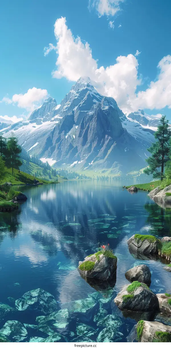 Stunning Mountain Lake with Snow-Capped Peaks and Crystal Clear Water