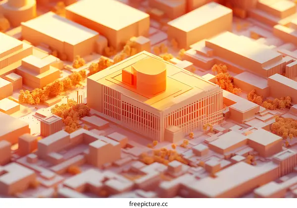 Minimalist 3D Cityscape with Buildings and Trees