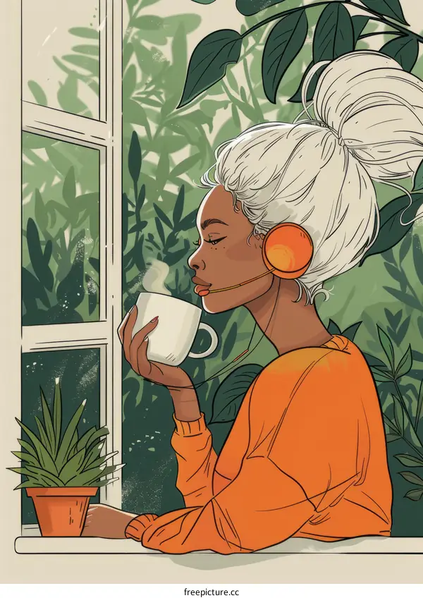 black woman with headphones drinking coffee in front of a window