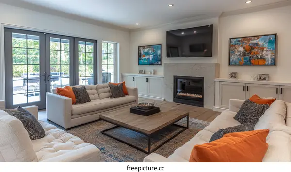 Modern Living Room with Fireplace and Patio Access