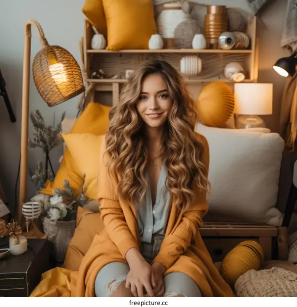 Portrait of a beautiful young woman with long blond hair sitting on a bed in a cozy home setting
