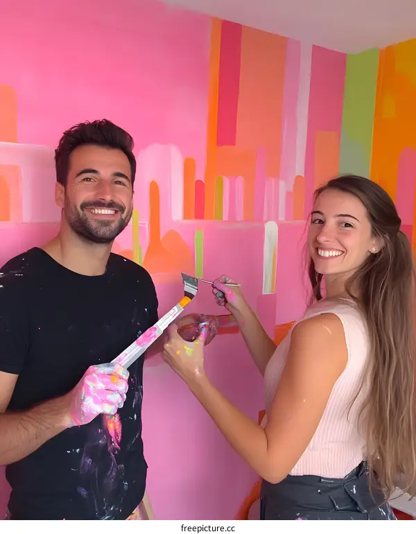 Couple Painting Pink and Orange Wall Art