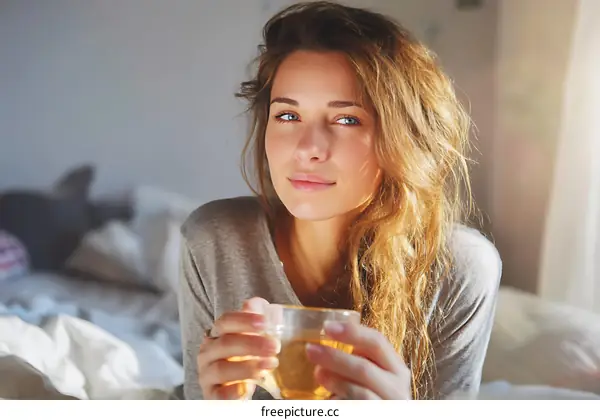 Young Woman Relaxing with a Cup of Tea in Bed