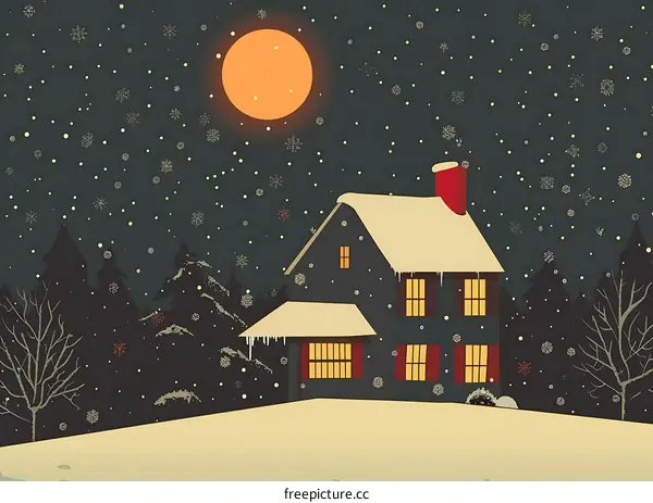 Snowy Night Landscape With a House