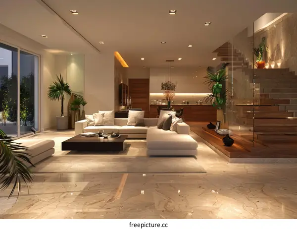 Modern Living Room with Wooden Staircase Interior Design