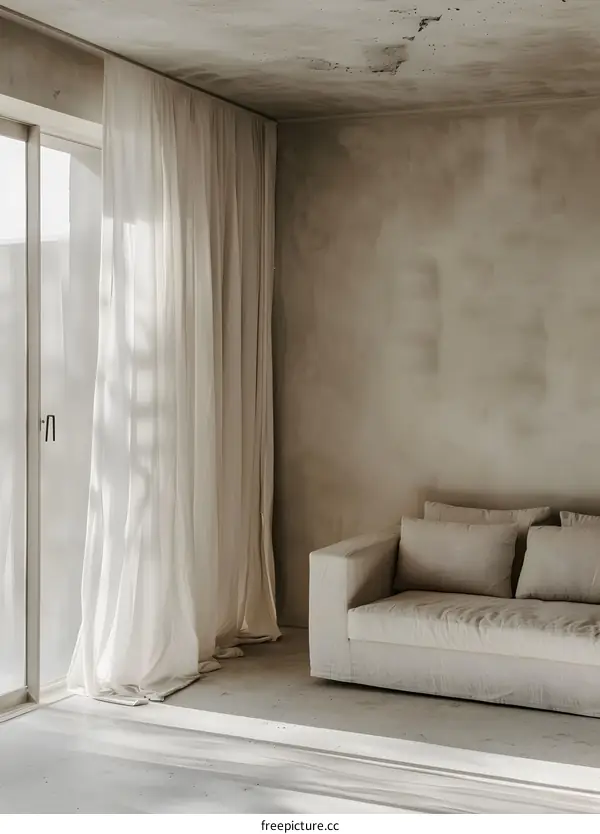 Minimalist Living Room with White Curtains and Concrete Walls