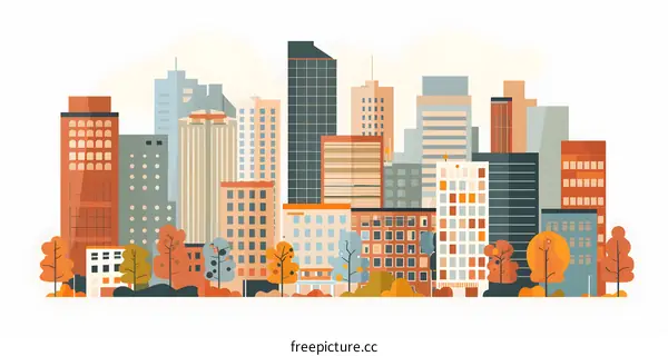 Cityscape with Colorful Buildings and Autumn Trees