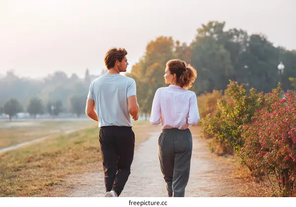 Couple jogging in the park at sunrise