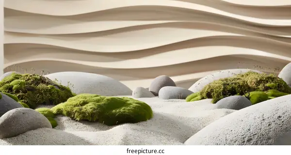 Green Moss and Stones on Sand Background