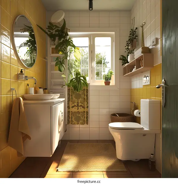 Bright yellow bathroom with large window