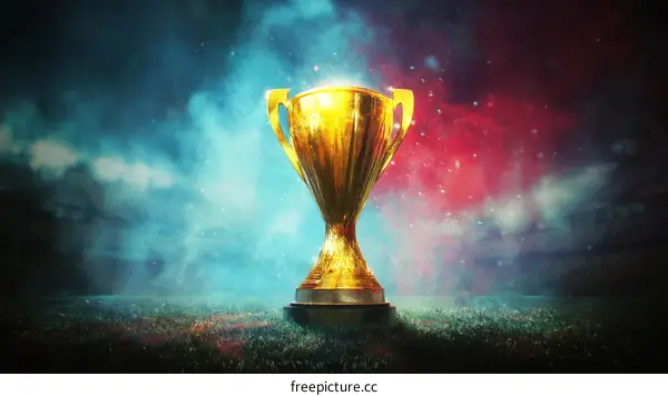 Golden Trophy on a Sports Field at Night