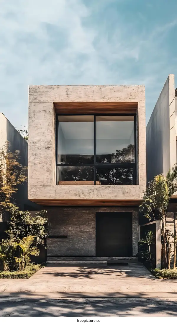 Modern Concrete House Exterior with Large Window and Palm Trees