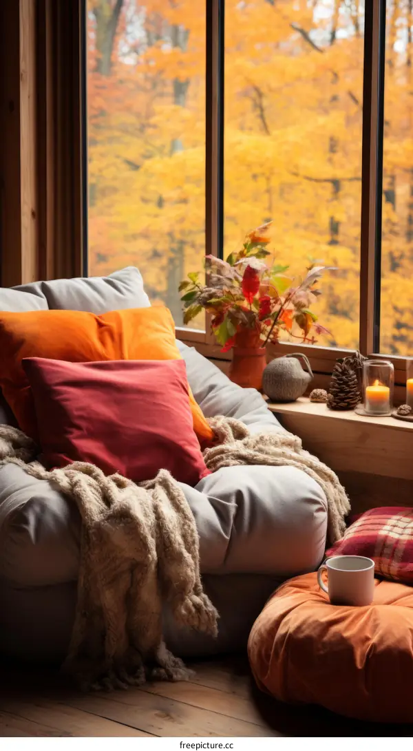 A cozy living space with a large window looking out onto a beautiful fall forest