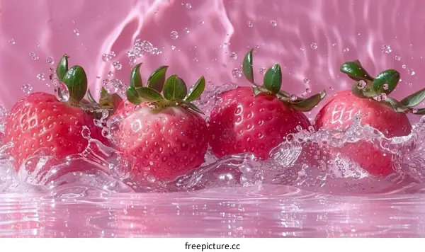 Ripe red strawberries splash into pink water