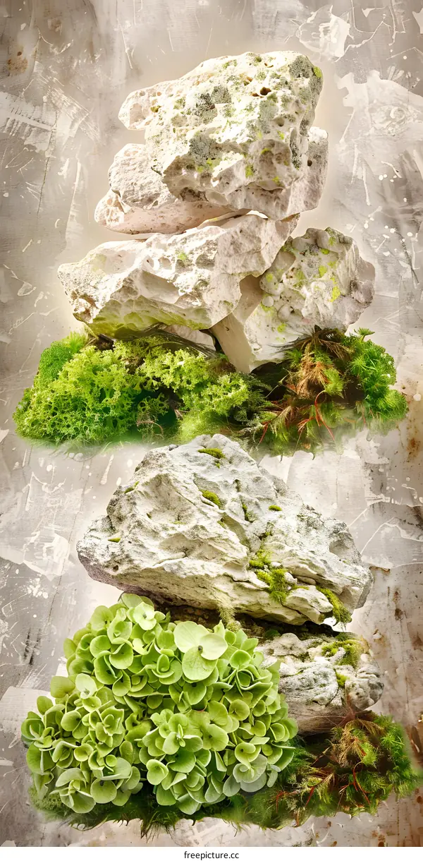 Stone Texture With Moss And Green Leaves