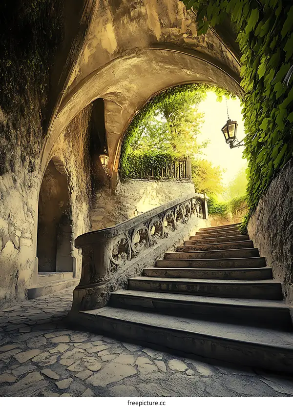 Stone Stairway Leading Up to a Garden Through an Archway