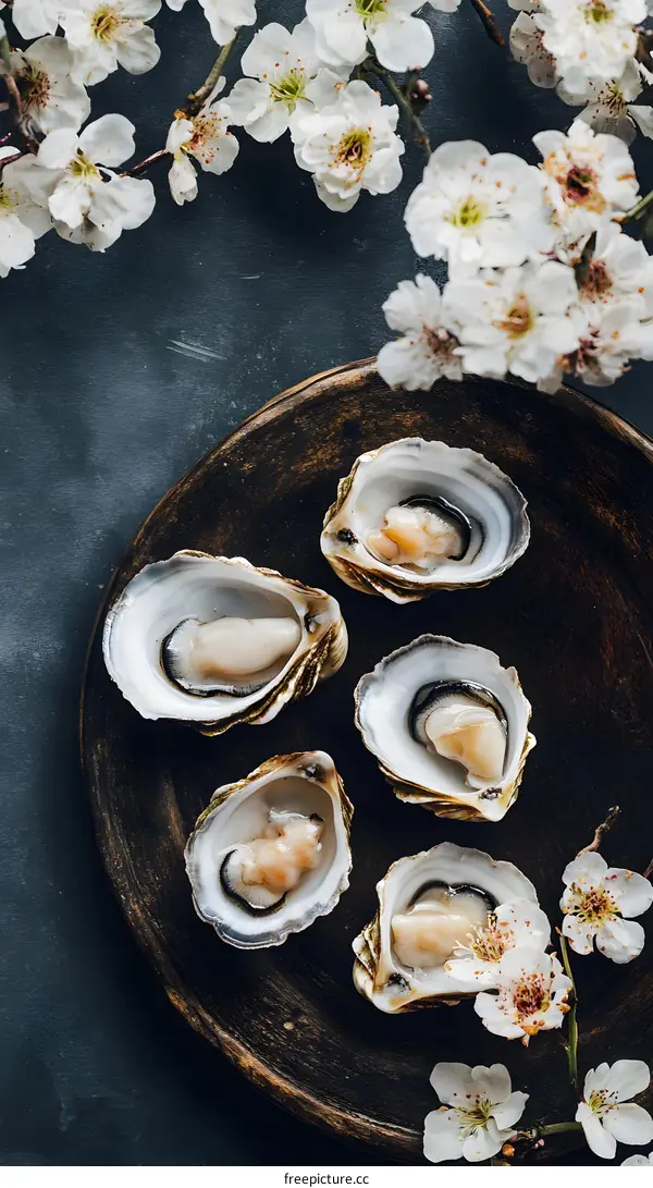 Fresh Oysters on Wooden Plate with Flowers