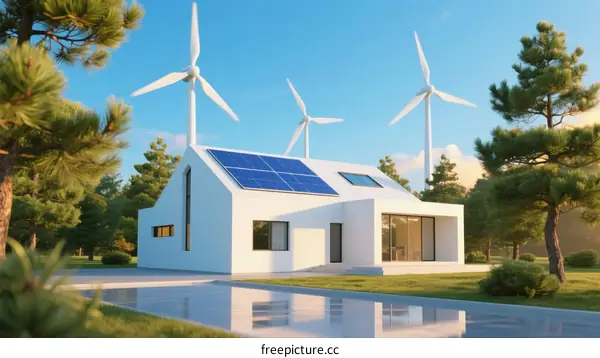 Eco-friendly Modern House with Solar Panels and Wind Turbines