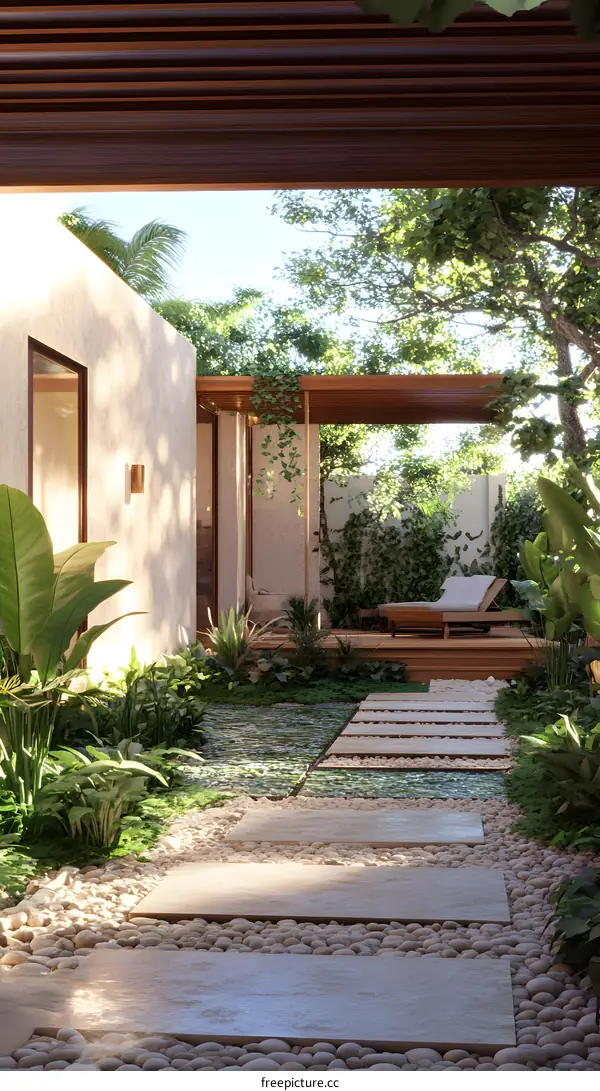 Peaceful Stone Pathway in a Lush Garden with Modern Architecture