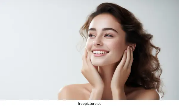 Portrait of a beautiful young woman with brown hair and blue eyes smiling
