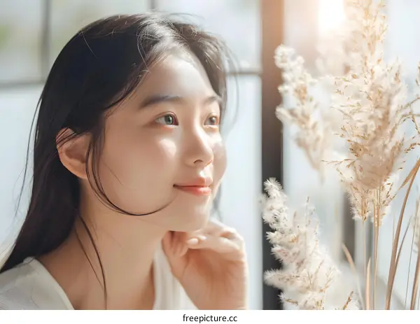 Young Asian Woman Looking Out Window with White Flowers